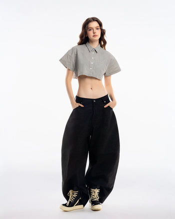 PUSHPUSH - Gingham Crop Shirt - Dusty Beige