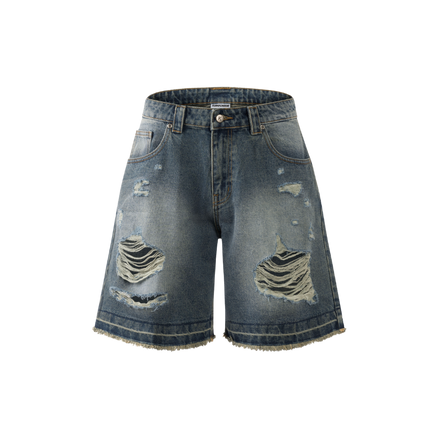 K.M.C - Logo Faded Steel Blue Washed Jorts - Medium Distressed