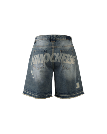 K.M.C - Logo Faded Steel Blue Washed Jorts - Medium Distressed
