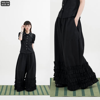 AGILITY MIAO - Wide Ruffle Pants - Black