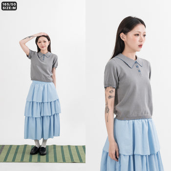 AGILITY MIAO - Cropped Knit Polo Shirt - Grey