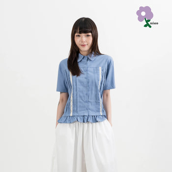 AGILITY MIAO - Lace Pleated Shirts - Blue