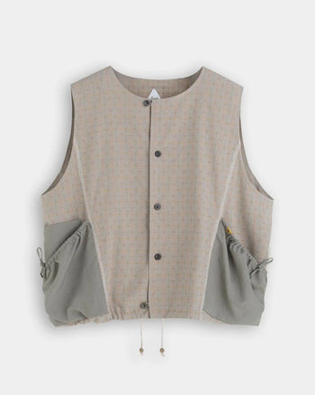 FTMD. Collarless Patchwork Vest - Khaki Plaid