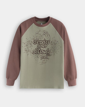 FTMD. Service Your Solitude L/S Waffle Tee - Sage Green & Brick Brown