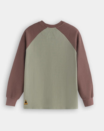 FTMD. Service Your Solitude L/S Waffle Tee - Sage Green & Brick Brown