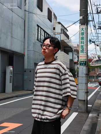 Unlimited Mote - Striped Balloon Half Sleeve Tee - Brown