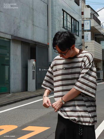 Unlimited Mote - Striped Balloon Half Sleeve Tee - Brown