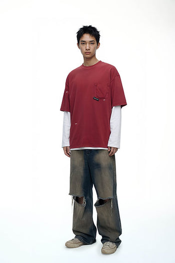 Double Back - Ripped Pocket T-Shirt Oversized - Washed Red
