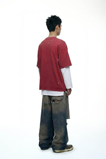 Double Back - Ripped Pocket T-Shirt Oversized - Washed Red