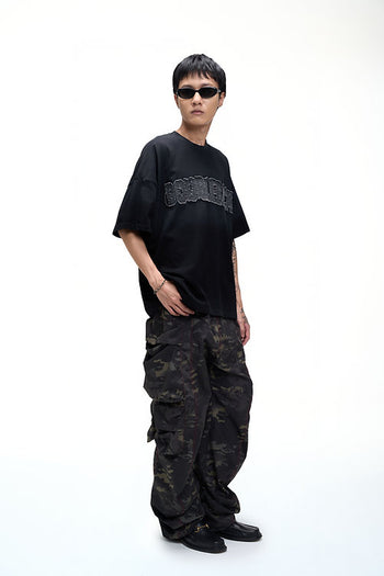 Double Back - Washed Patch Logo T-Shirt Oversized - Black